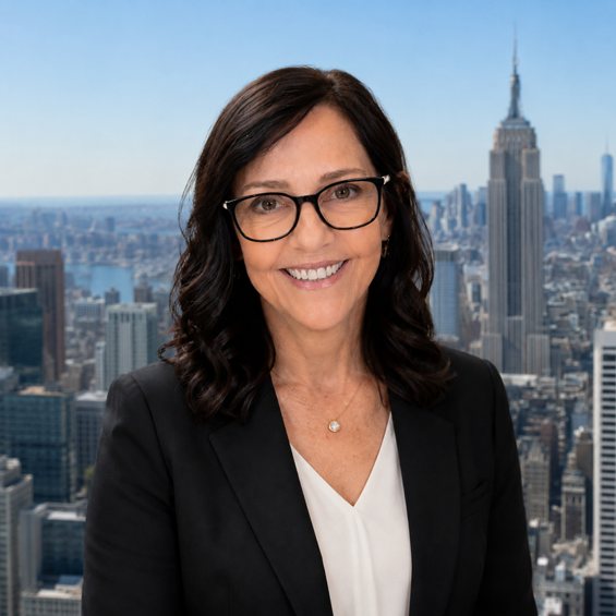 Francina Cantatore, Ph.D., Esq. — portrait with the Manhattan skyline and Empire State Building behind her