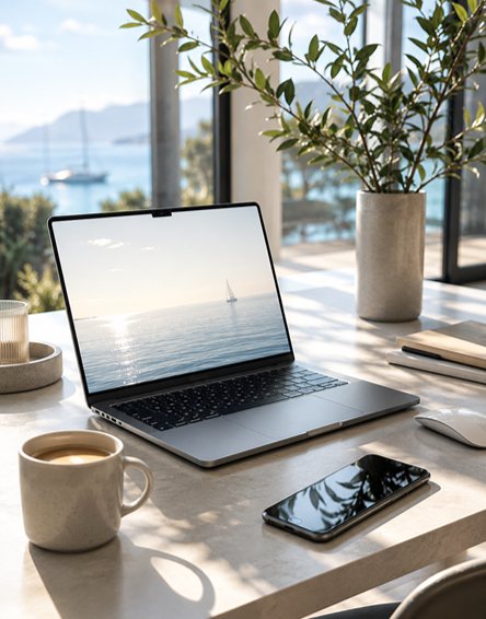 A calm, modern workspace — a laptop and coffee in soft harbor light