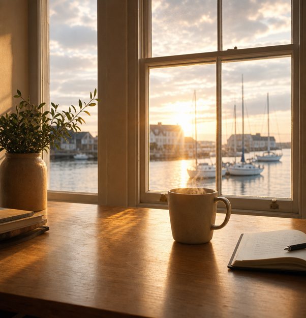 Golden-hour light over a marina, seen through a window beside a coffee and notebook
