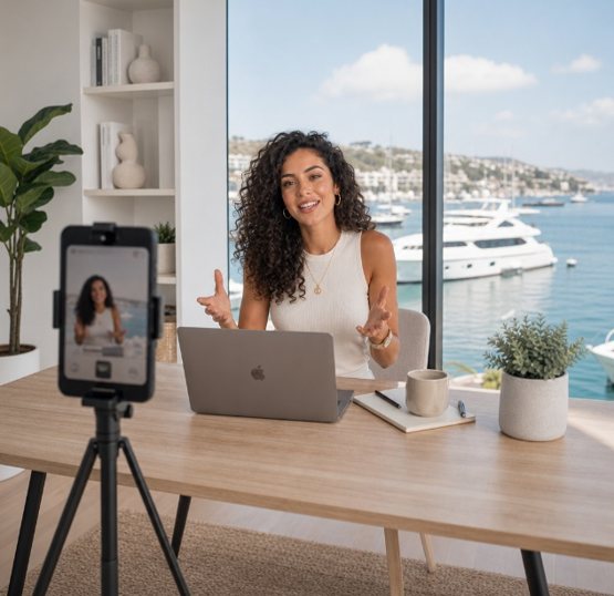 A creator recording content at her desk with a phone on a tripod and a laptop, marina view behind