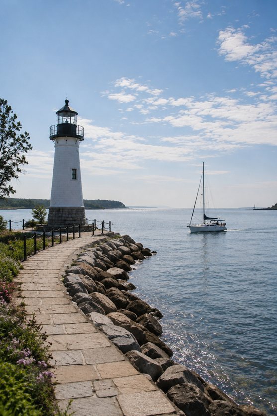 A white lighthouse on a stone jetty with a sailboat passing — a steady beacon