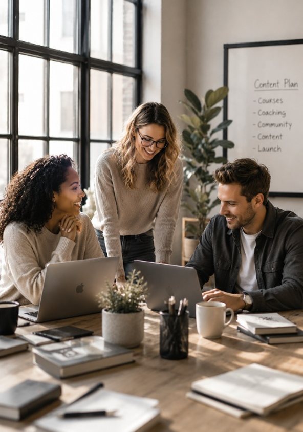 Three colleagues collaborating around laptops at a shared table